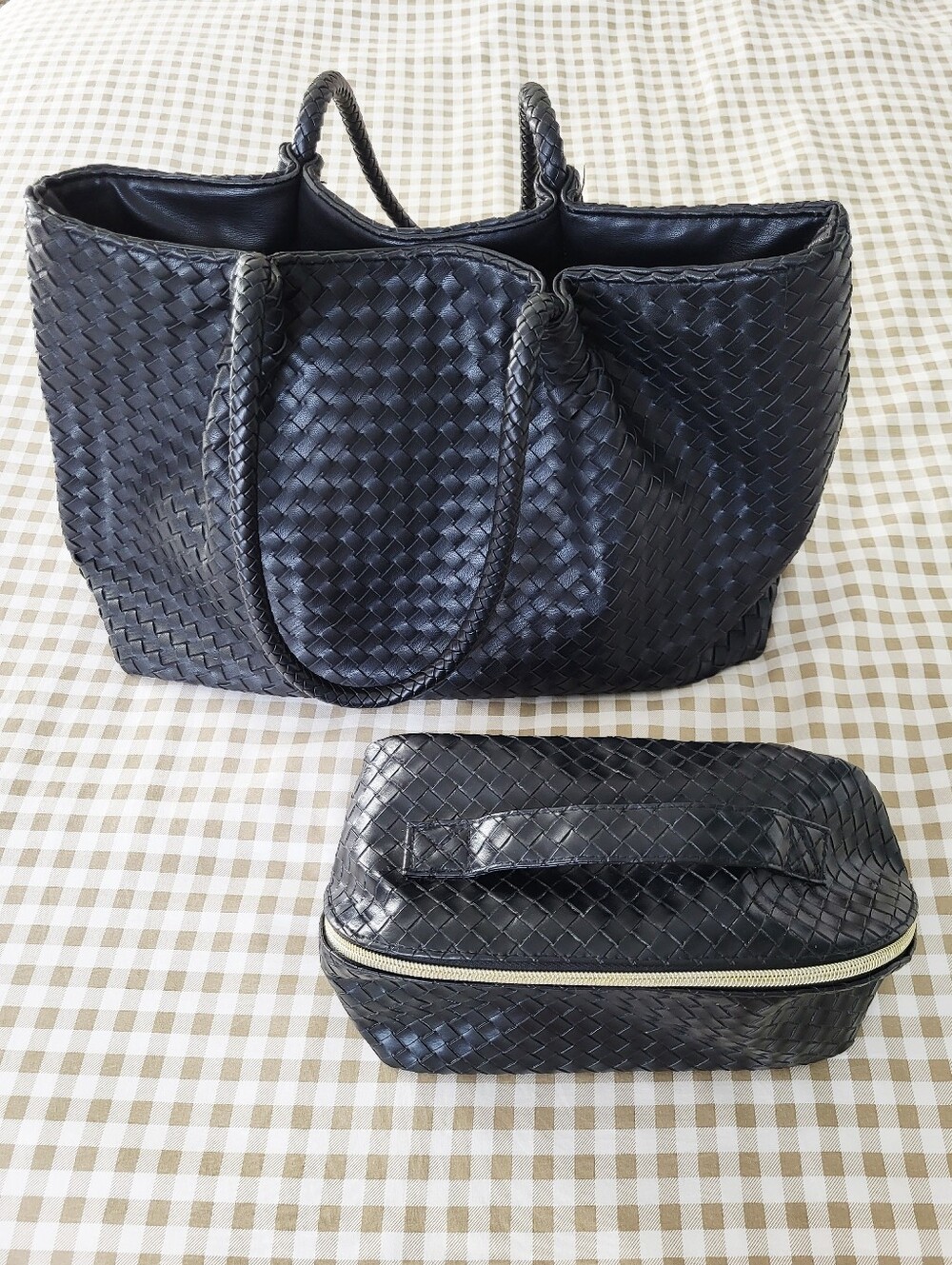Black Lulu Dharma Shoulder Bag, "eco-chic" Woven Vegan Leather + Cosmetic Bag
